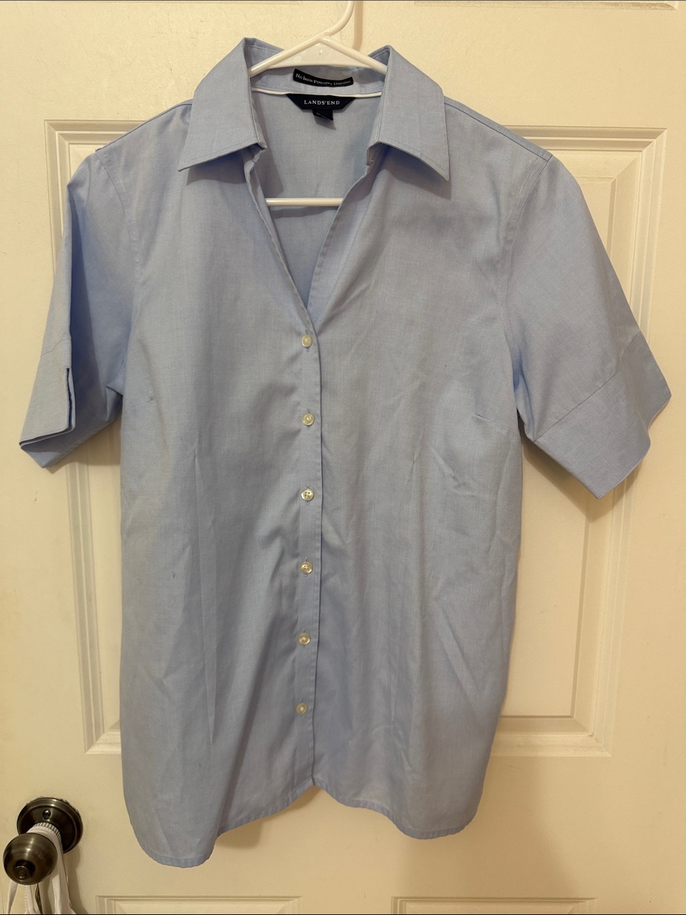 Lands' End no iron pinpoint Oxford Short-Sleeve Button Down Shirt size 8 blue